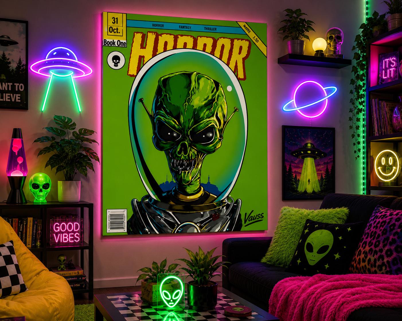 The hand-painted green alien comic panel, displayed in a neon-lit room.